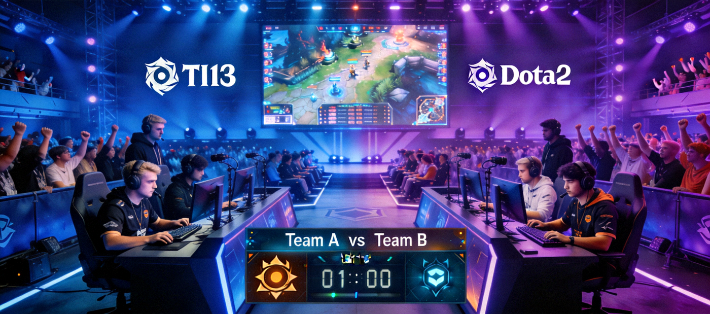 Dota2 TI13 总决赛主舞台直播画面，两支战队正在展开巅峰对决